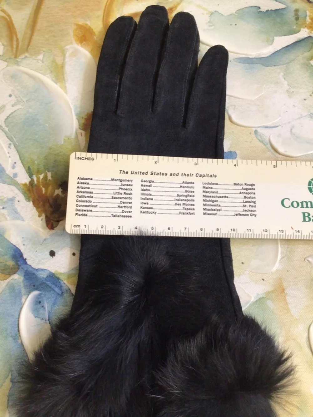 Genuine Suede Leather Black Women’s Gloves with Rabbit Fur Cuffs Size M